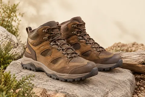 Chaussures de randonnée montantes marron en cuir, suède et maille, posées sur une pierre mate