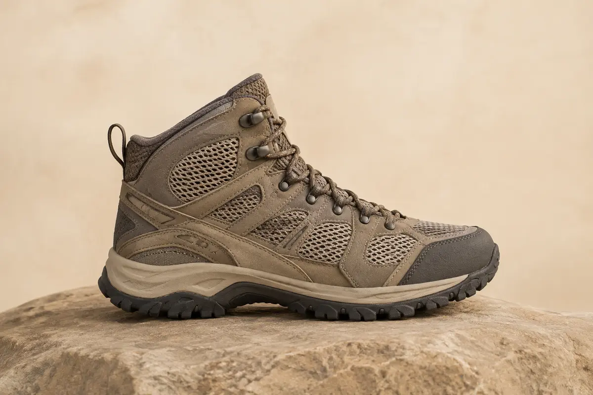 Chaussure de trail Tracefinder à tige en mesh, lacets et semelle en caoutchouc présentée sur fond sable