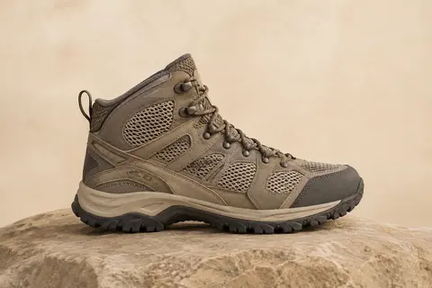 Chaussure de trail Tracefinder à tige en mesh, lacets et semelle en caoutchouc présentée sur fond sable