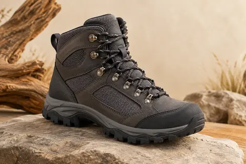 Chaussure montante de randonnée gris foncé avec tige en maille et semelle extérieure en caoutchouc