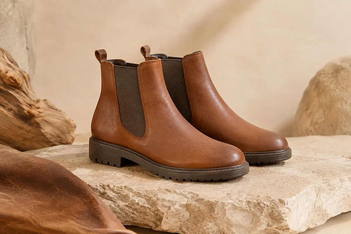 Bottines Chelsea Clarks pour femme en cuir et textile, posées sur une pierre mate dans une lumière douce.