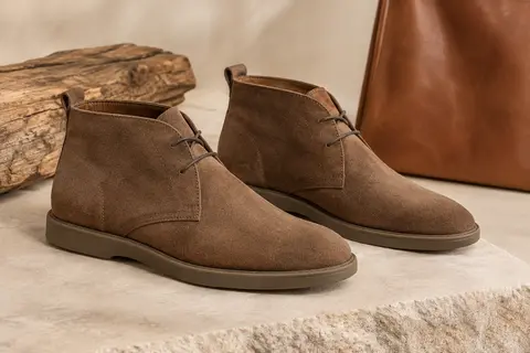 Bottines chukka pour homme en suède, présentées sur une pierre mate dans une lumière naturelle douce.