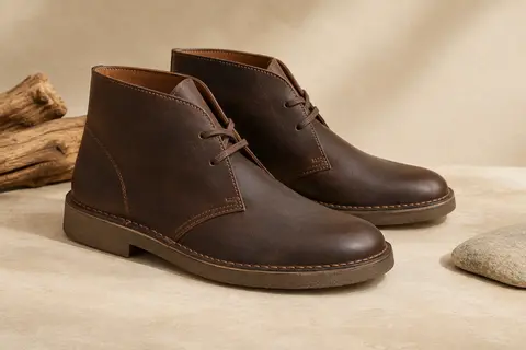 Paire de bottines chukka en cuir marron foncé, avec coutures apparentes et semelles en caoutchouc.
