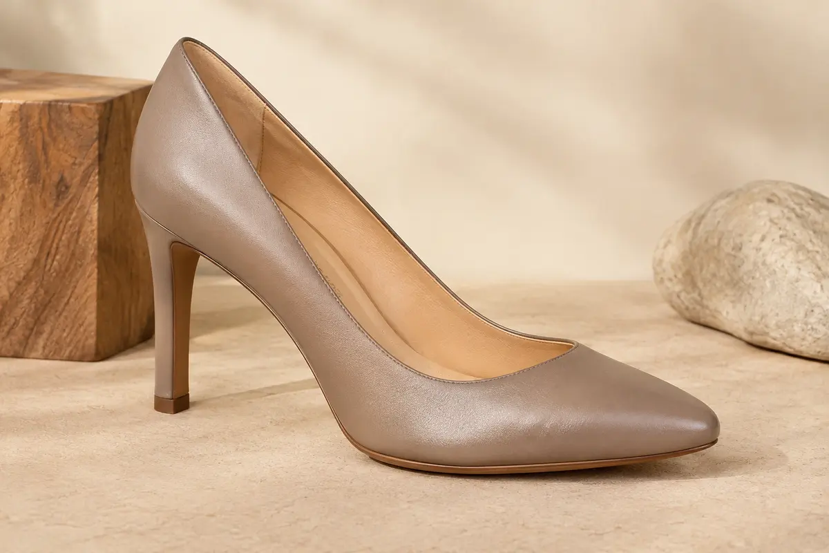 Escarpin Clarks Adrielviola en cuir à talon haut, présenté sur un fond ivoire et sable