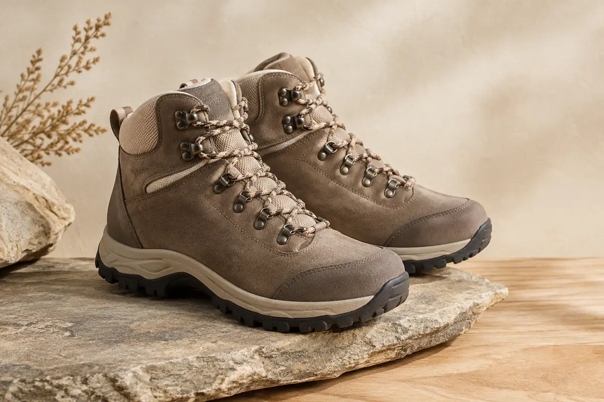Paire de chaussures de randonnée mi-montantes en daim avec semelle en caoutchouc, posée sur une pierre claire.
