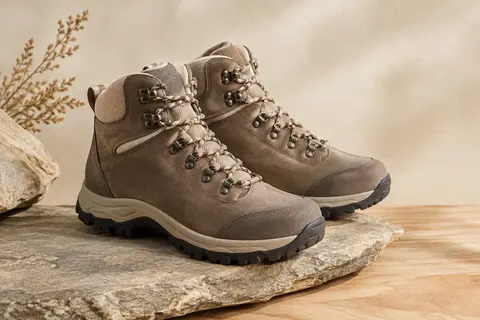 Paire de chaussures de randonnée mi-montantes en daim avec semelle en caoutchouc, posée sur une pierre claire.