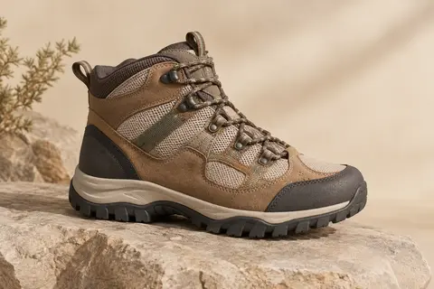 Chaussure basse de randonnée avec tige en cuir, maille et sangles, posée sur une pierre mate