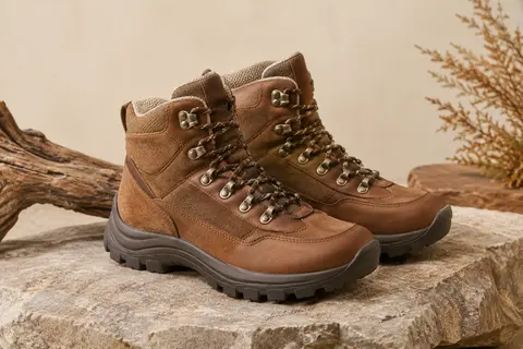 Chaussures de randonnée montantes brunes en cuir et daim, avec semelles en caoutchouc sur une pierre mate.