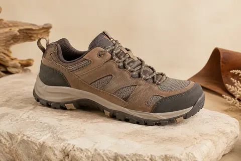Chaussure de randonnée Columbia en cuir et maille, posée sur une pierre mate dans un décor naturel