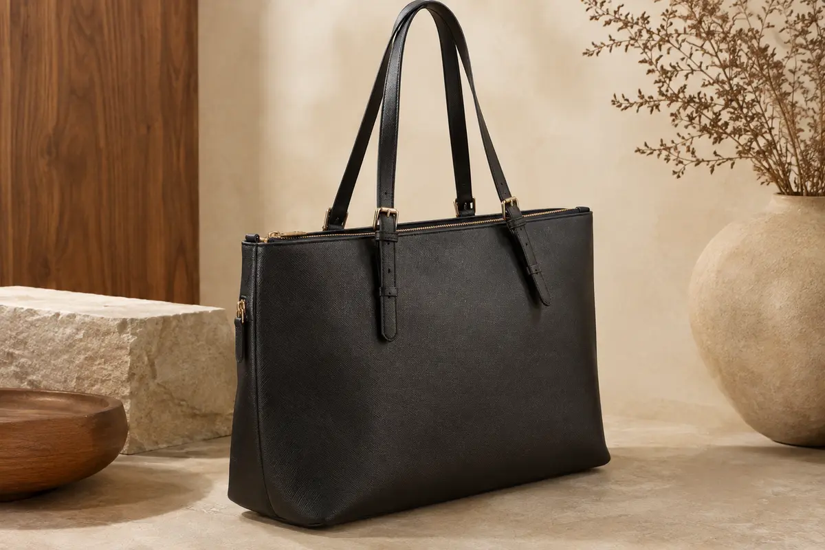 Cabas noir David Jones en simili cuir strié, avec anses longues réglables et fermeture éclair.