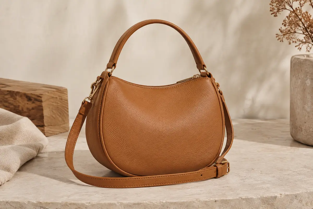 Sac à main David Jones arrondi en similicuir camel, avec poignée et bandoulière amovible