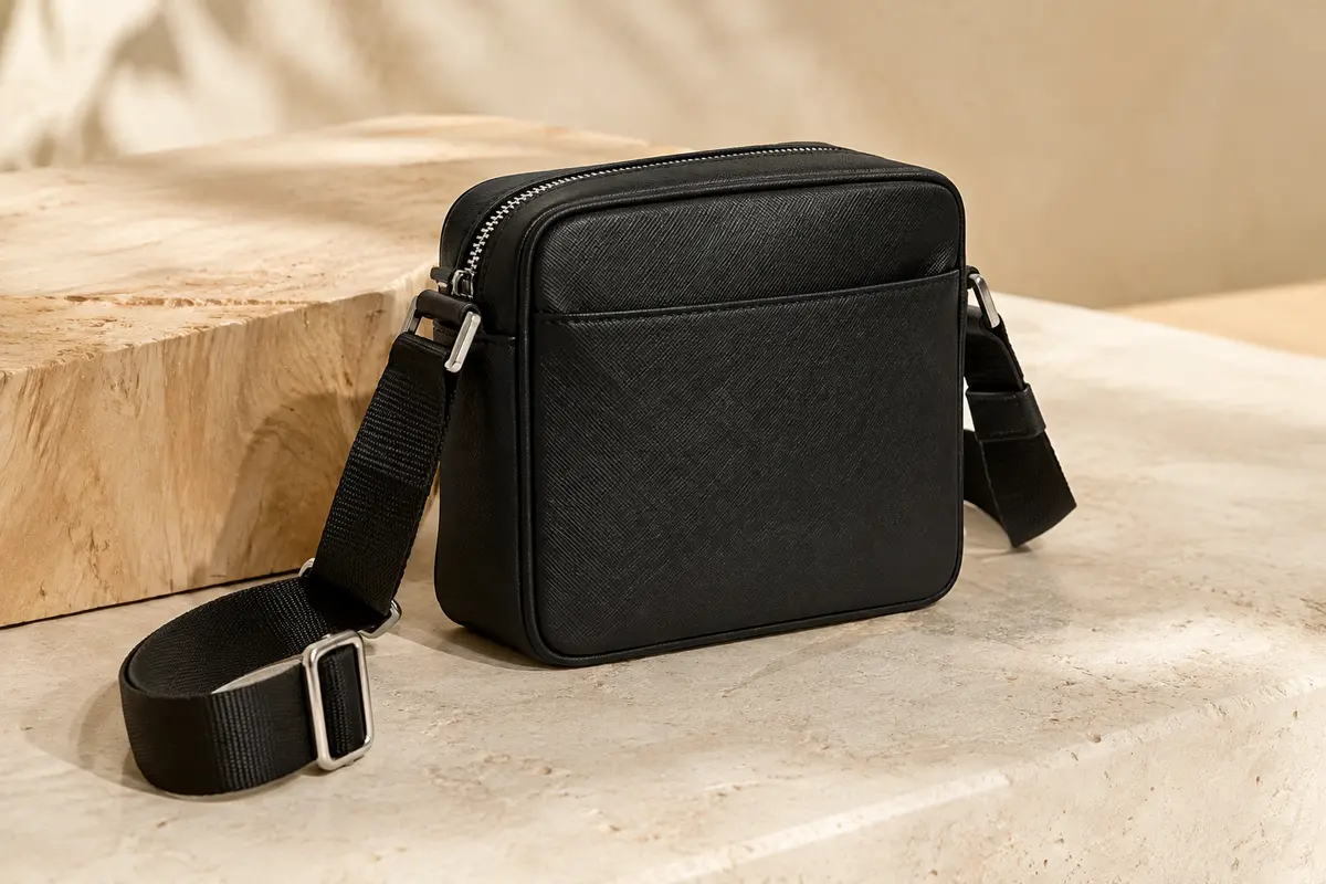 Petit sac bandoulière noir à texture striée, détails argentés et bandoulière réglable posé sur une pierre claire.