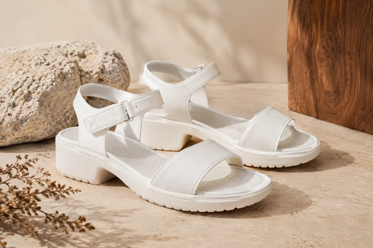 Paire de sandales blanches Dr. Scholl’s à bride réglable et semelle à reliefs, posée sur un fond sable