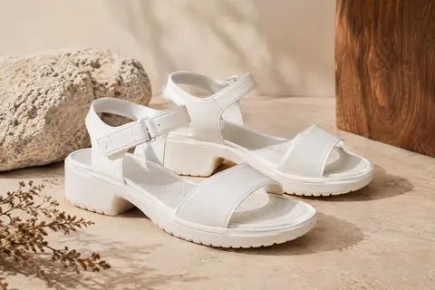 Paire de sandales blanches Dr. Scholl’s à bride réglable et semelle à reliefs, posée sur un fond sable