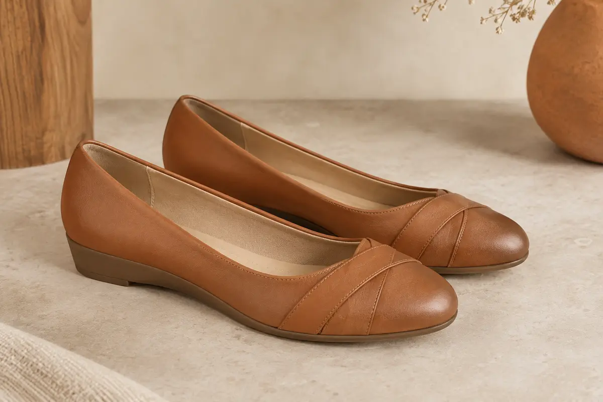 Ballerines femme en simili cuir lisse avec détail croisé et petit talon compensé, présentées sur fond ivoire.