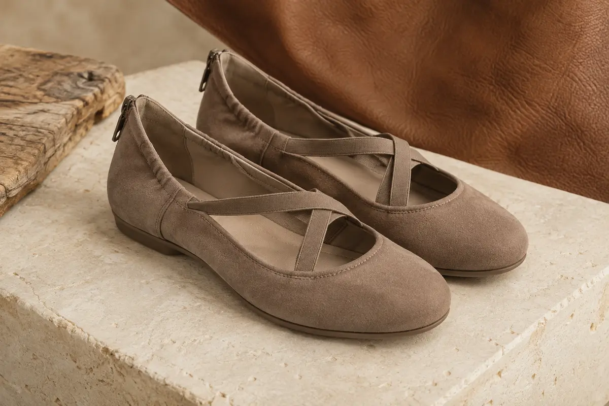 Paire de ballerines femme en matière façon suède, à bout rond et brides croisées, présentée sur une pierre claire.