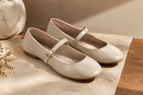 Ballerines Mary Jane en simili cuir avec sangle réglable, posées sur un fond ivoire et sable
