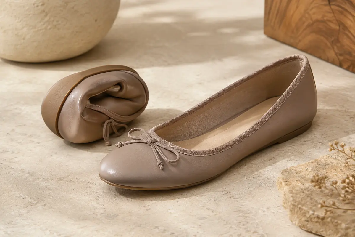 Ballerines souples en simili cuir, présentées pliées et dépliées dans un décor mat aux tons ivoire et sable