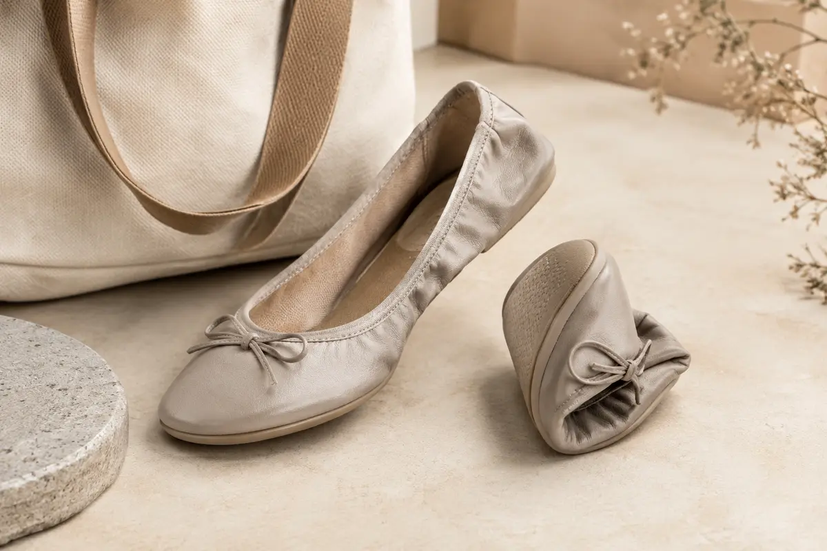 Paire de ballerines pliables en simili cuir présentée sur un fond sable avec un sac en toile