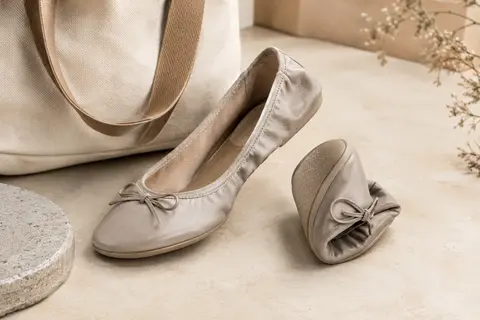 Paire de ballerines pliables en simili cuir présentée sur un fond sable avec un sac en toile