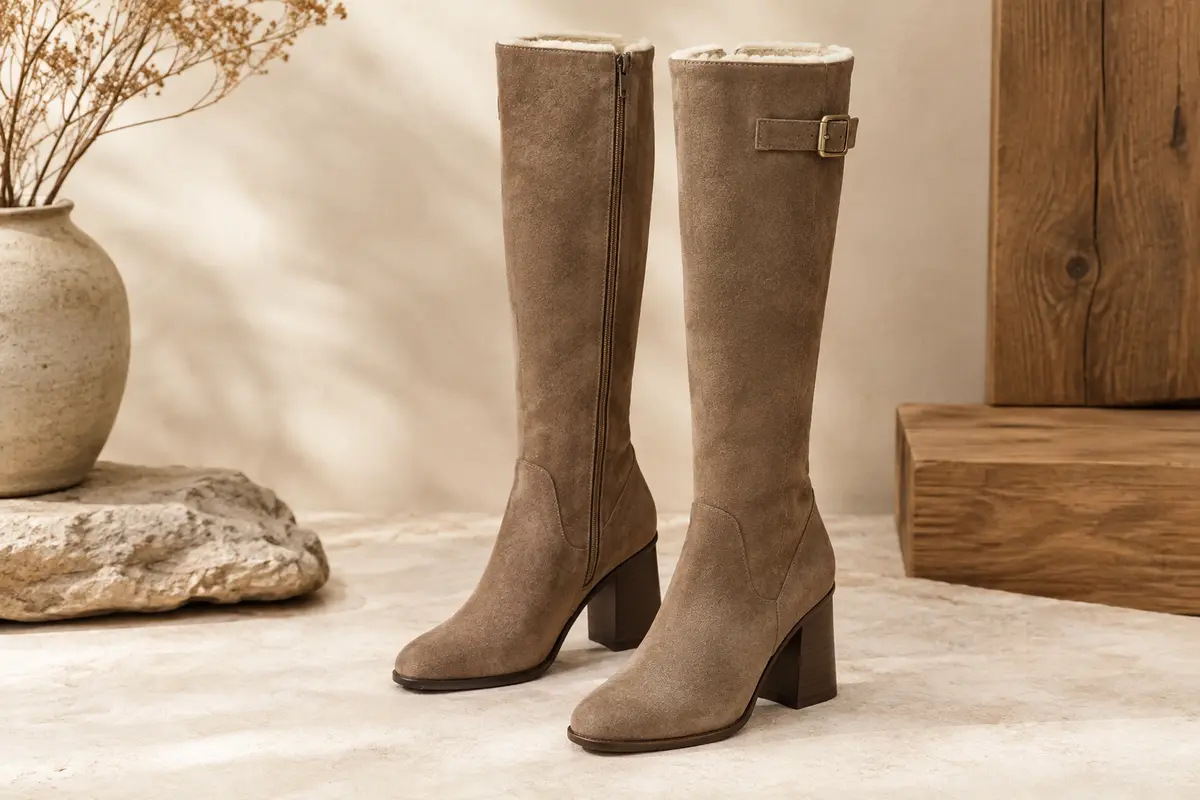Bottes hautes en faux daim avec fermeture latérale, boucle réglable et talon bloc