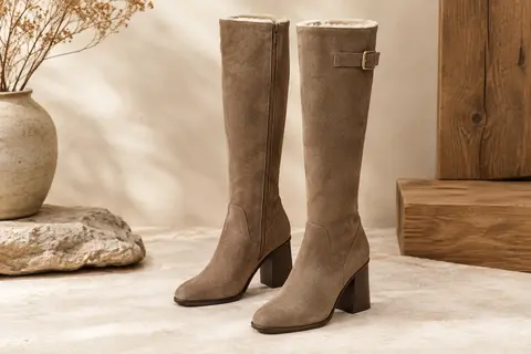 Bottes hautes en faux daim avec fermeture latérale, boucle réglable et talon bloc