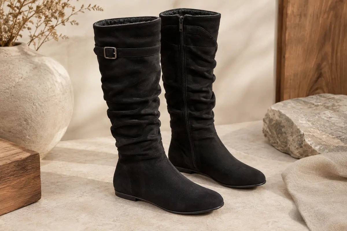 Paire de bottes hautes noires froncées, à talon bas et fermeture éclair latérale