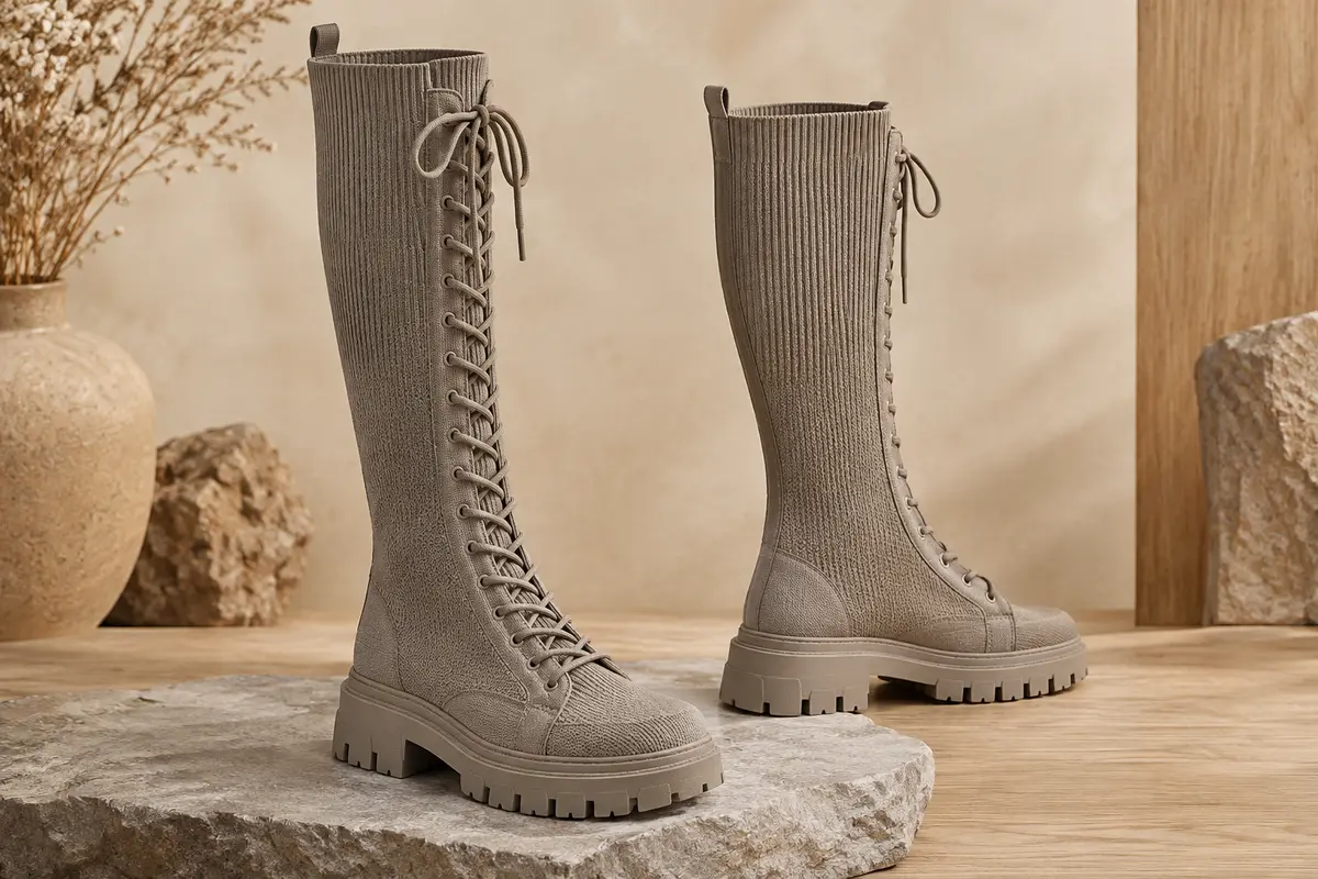 Paire de bottes hautes à tige tricotée et semelle crantée, présentée sur un fond ivoire et sable.