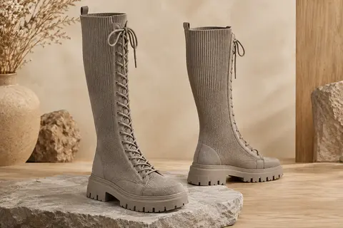 Paire de bottes hautes à tige tricotée et semelle crantée, présentée sur un fond ivoire et sable.