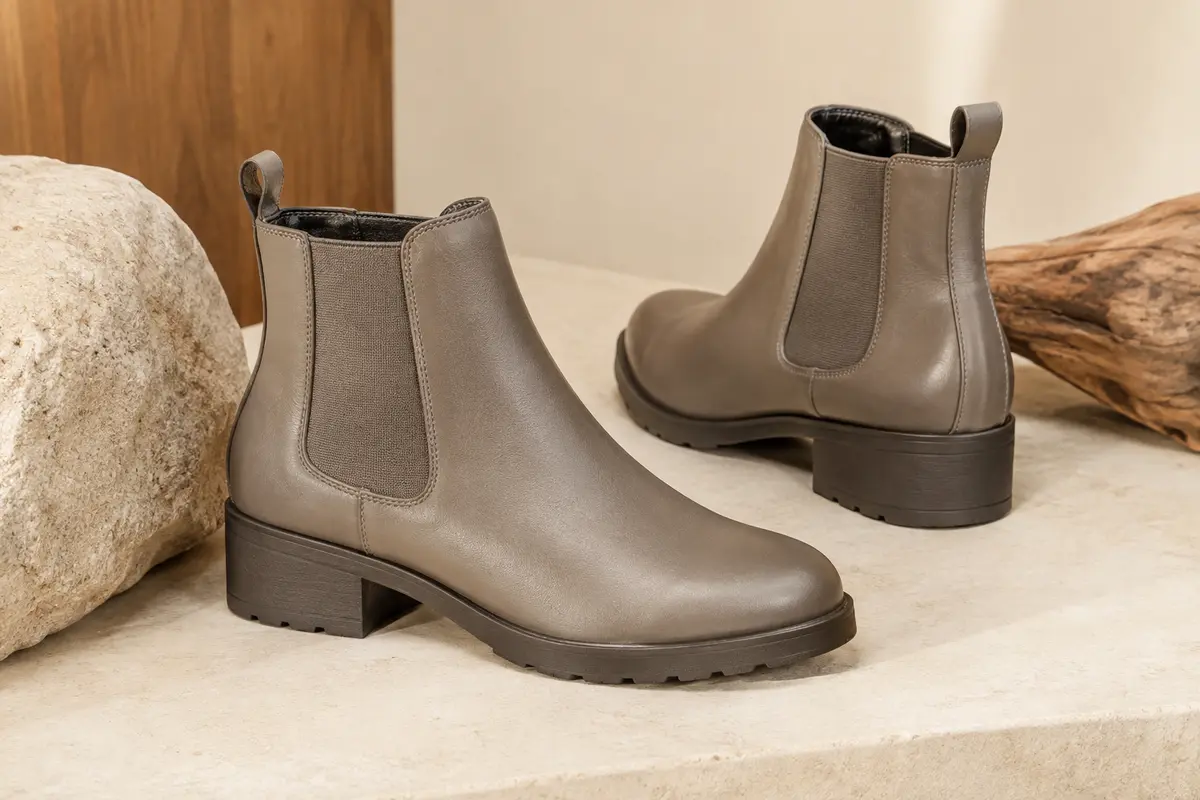 Bottines Chelsea pour femme en similicuir avec côtés élastiques, posées sur un décor de pierre et de bois