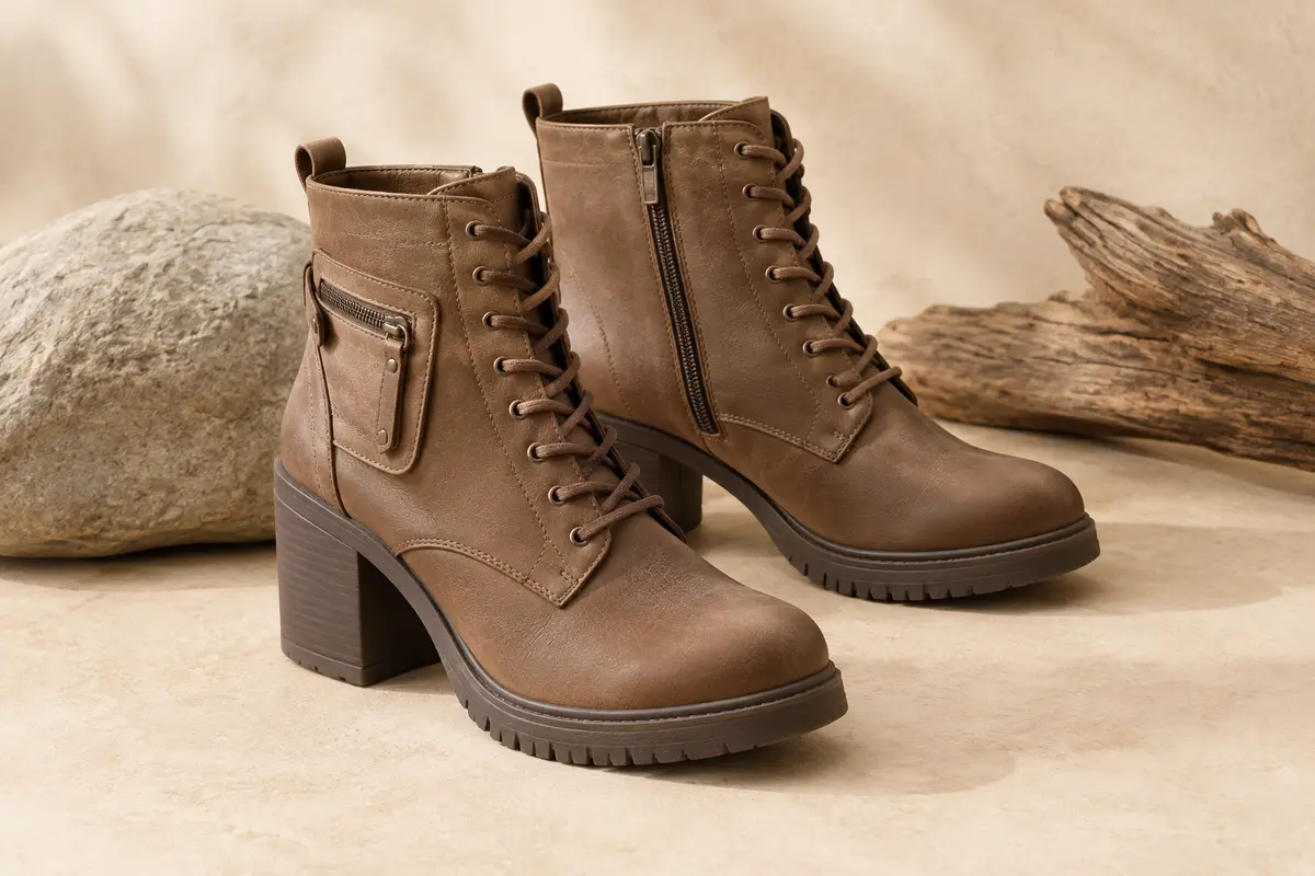 Bottines de cheville en similicuir à lacets, avec zip latéral, poche zippée et talon bloc.