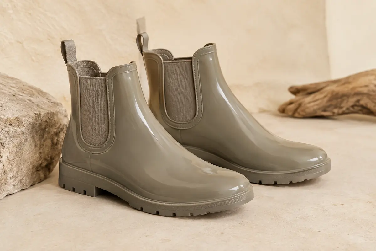 Bottines Chelsea courtes en PVC avec côtés élastiques, présentées sur un fond clair aux tons naturels.