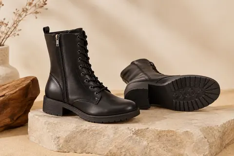 Bottines femme noires à lacets et zip latéral, avec bout rond, tige mi-mollet et talon bas