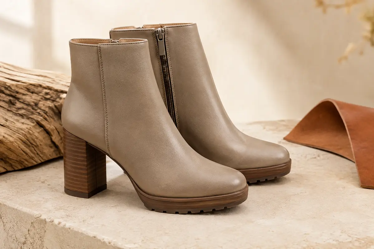 Paire de bottines femme en simili cuir à talon, fermeture éclair latérale et tige à la cheville