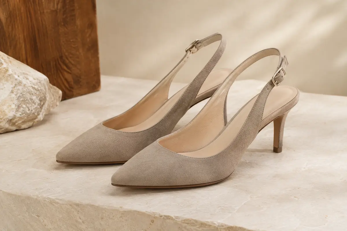 Paire d’escarpins à bout pointu et bride arrière, présentée sur une pierre claire mate