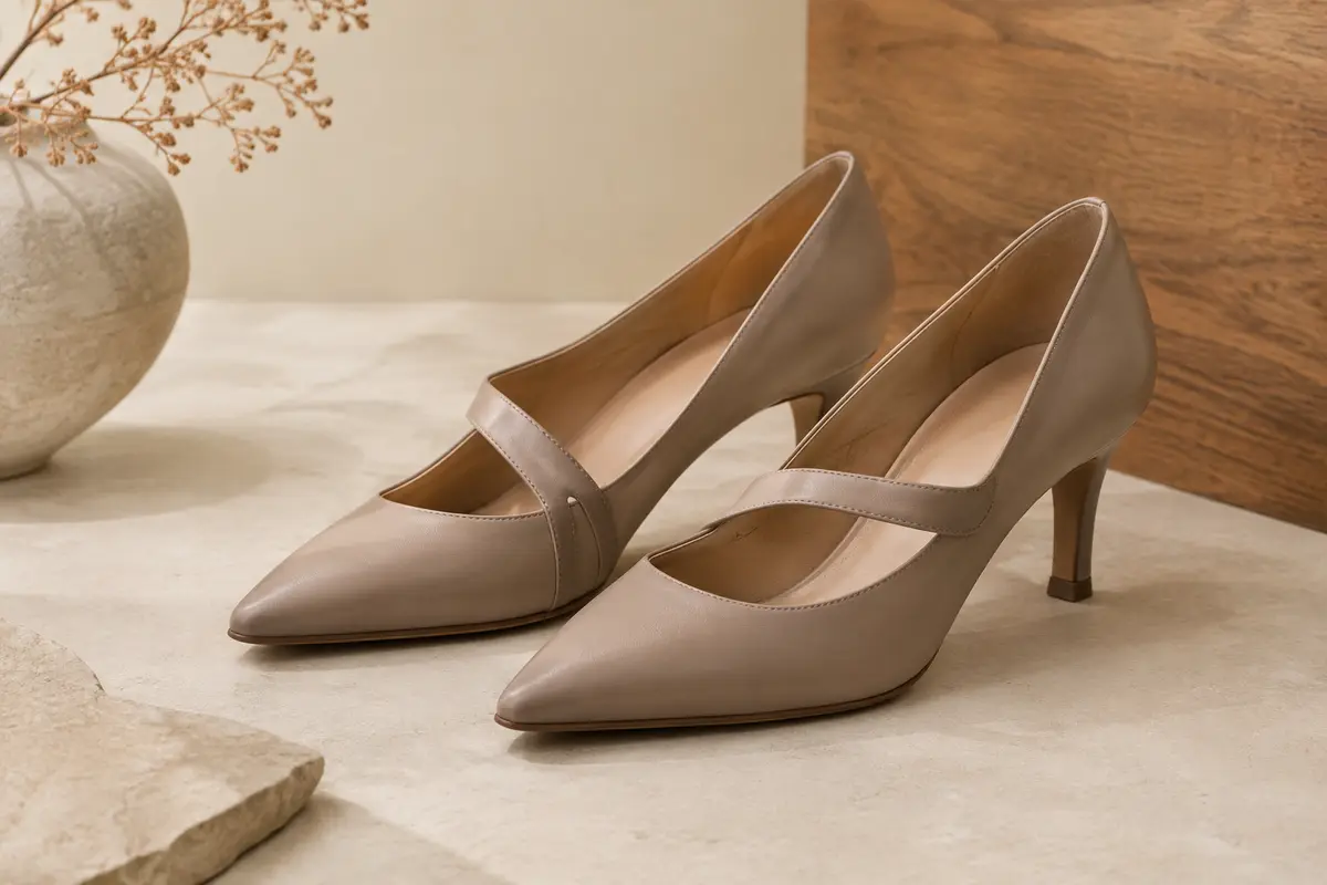 Paire d’escarpins en simili cuir à bride asymétrique, présentée sur un fond ivoire et sable.