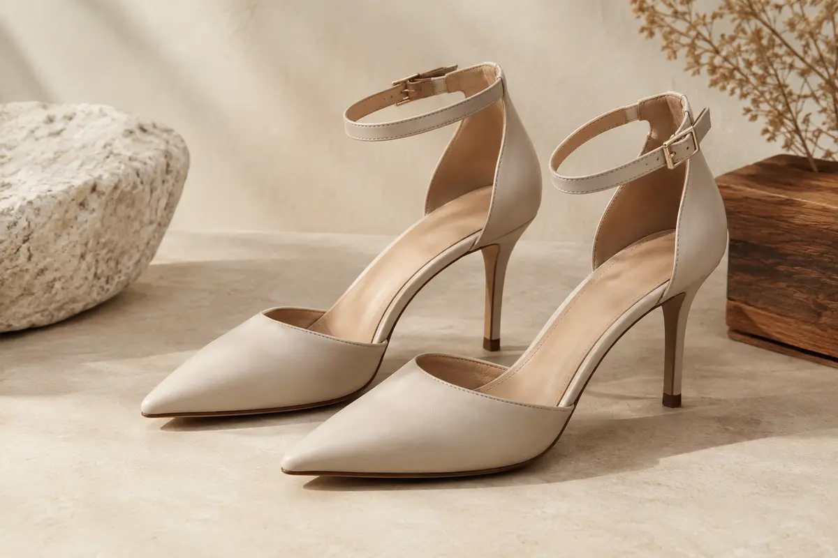 Paire d’escarpins à bout pointu avec bride de cheville réglable et talon fin, posée sur un fond sable.