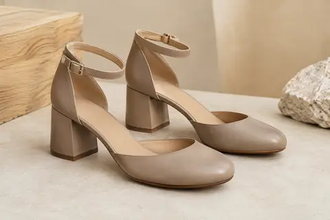Paire d’escarpins à bout rond avec talon bloc et bride réglable posée sur un fond sable