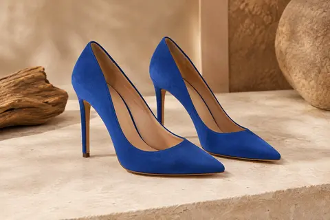 Paire d’escarpins bleu royal en faux suède, à bout pointu fermé et talon aiguille haut
