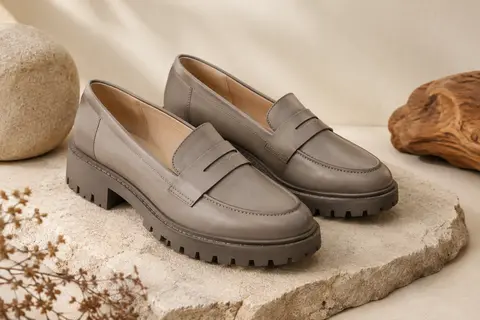 Paire de mocassins femme en simili cuir à bout amande et semelle extérieure crantée sur fond clair