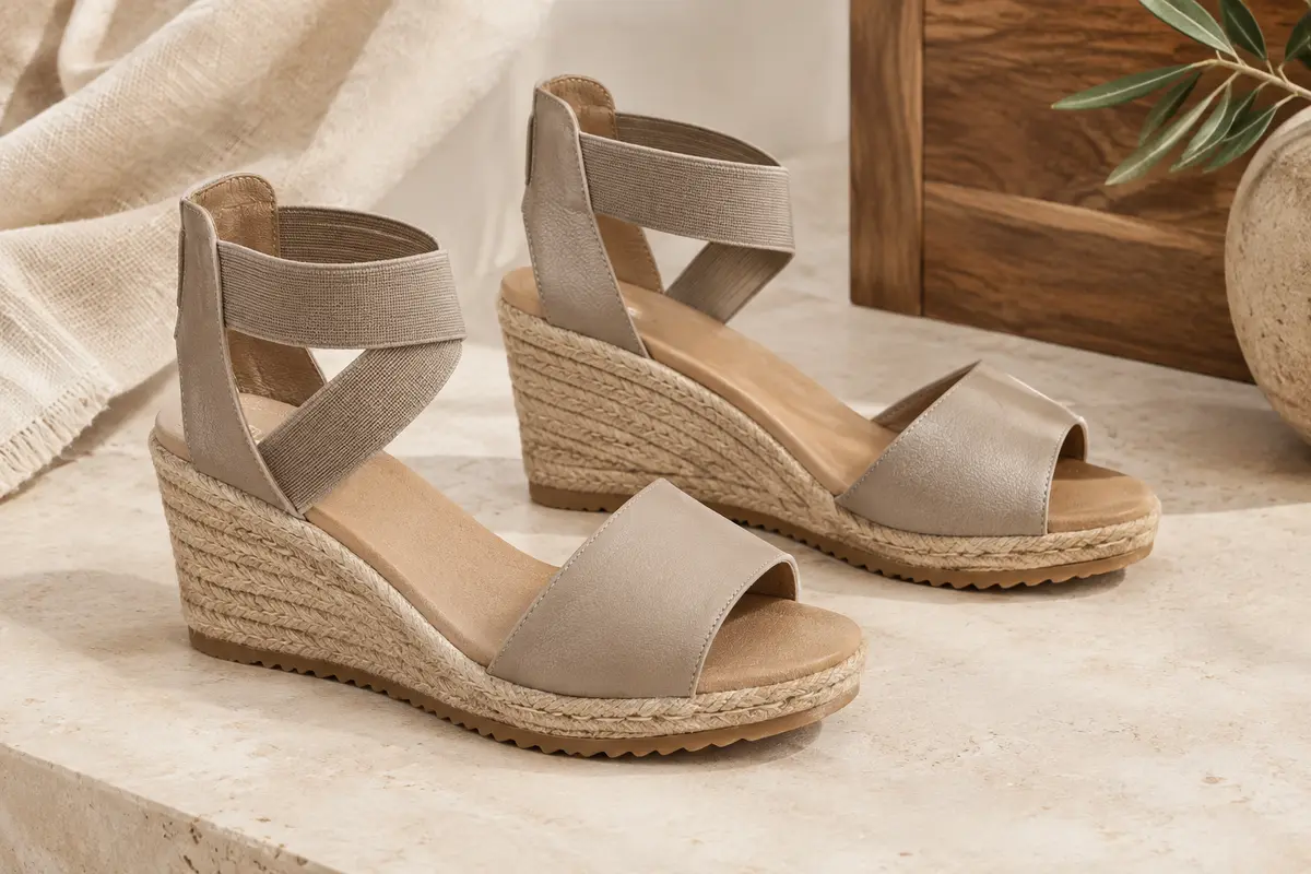 Sandales compensées à bout ouvert et brides élastiques présentées sur une pierre claire