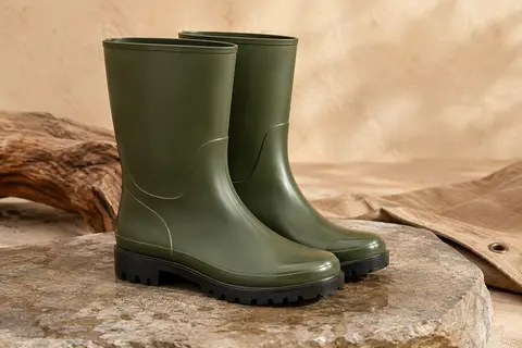 Paire de bottes mi-hautes vertes en PVC, posée sur une pierre mate dans une lumière douce