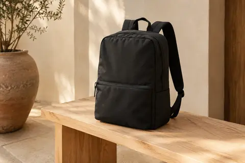 Sac à dos noir Eastpak de forme rectangulaire, posé sur un banc en bois dans une lumière naturelle douce.