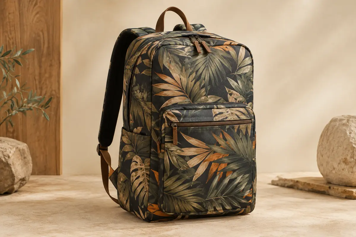 Sac à dos Eastpak Pinnacle Brize Retro Dark à motif feuillage, avec plusieurs compartiments et bretelles rembourrées.