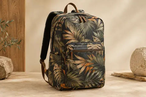 Sac à dos Eastpak Pinnacle Brize Retro Dark à motif feuillage, avec plusieurs compartiments et bretelles rembourrées.