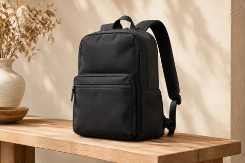 Sac à dos noir rectangulaire avec poche avant zippée et bretelles rembourrées, posé sur un banc en bois clair.