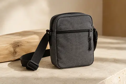 Sac bandoulière gris Black Denim au profil fin, avec deux poches zippées et une sangle noire réglable.