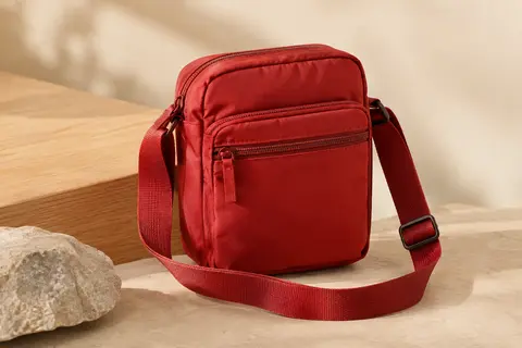 Petit sac bandoulière rouge Eastpak avec sangle ajustable et poche frontale zippée, posé sur un fond sable.