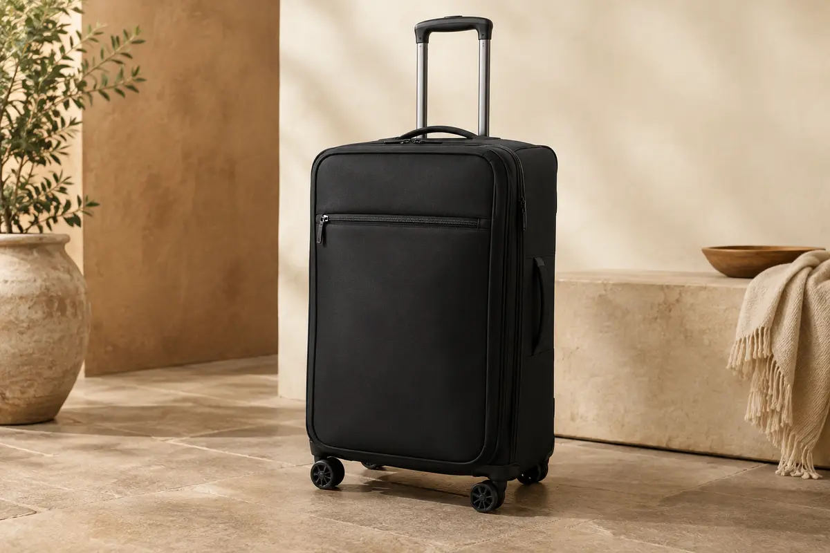 Valise souple noire Eastpak Tranverz L à deux roues, poignée télescopique et poche avant