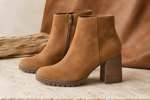 Bottines Elara en aspect daim camel, avec bout rond, fermeture zippée et talon bloc sur fond ivoire.